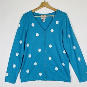 Quacker Factory Women Small Sweater Aqua Blue Polka Dot Rhinestone Whimsical Fun